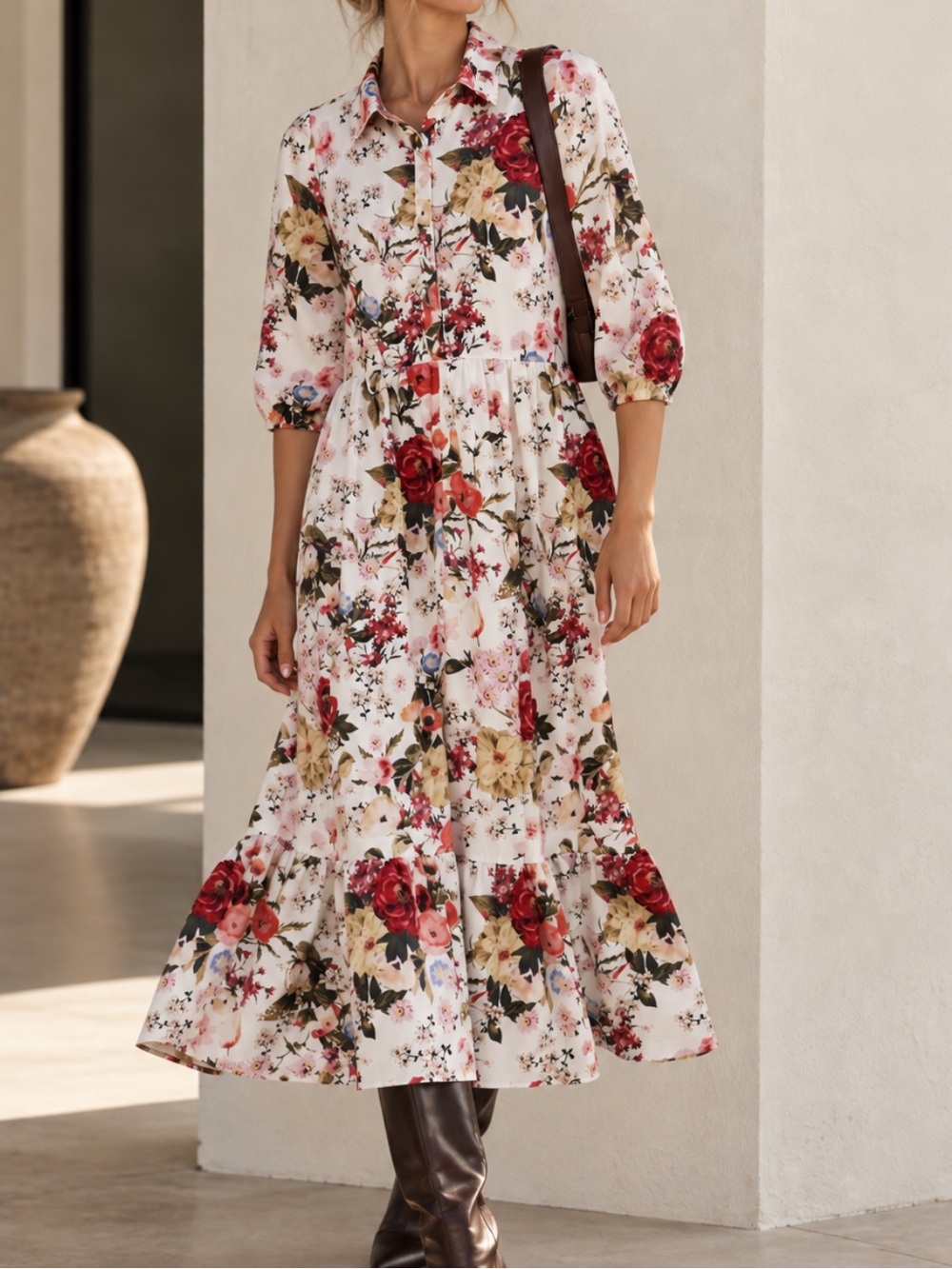 Zara Floral Print Tiered Midi Dress White Red Multicolor Balloon Sleeve
